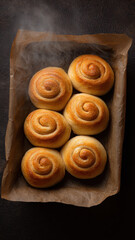 Fototapeta premium Fresh cinnamon rolls arranged neatly on brown parchment paper, golden brown and steaming, create warm and inviting bakery atmosphere, perfect for breakfast or dessert