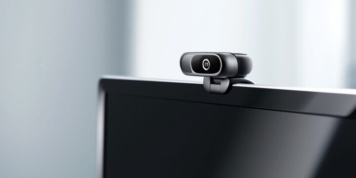 Modern webcam attached to a slim computer monitor screen in a bright office setting