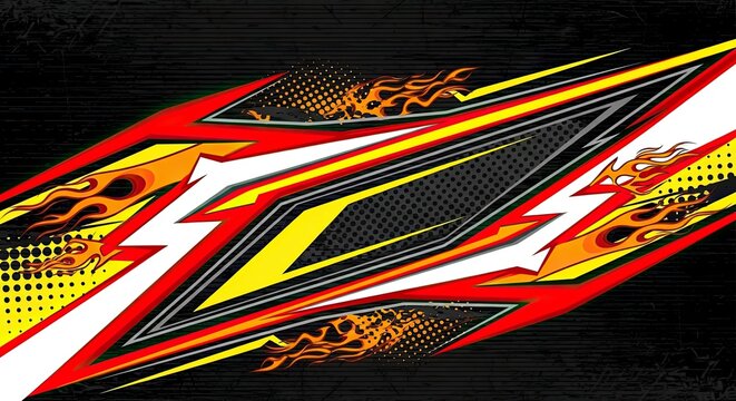 Abstract racing wrap design with flames and geometric shapes