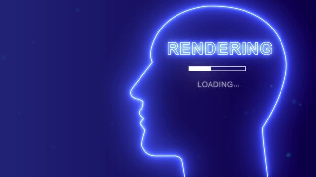 Neural rendering concept with neon human head silhouette, Artificial intelligence and digital visualization background.