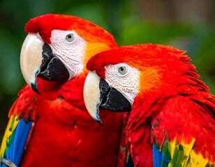 Fototapeta premium Close-up photograph of two vibrant birds with predominantly red plumage, complemented by yellow, blue, and black accents, set against blurred greenery