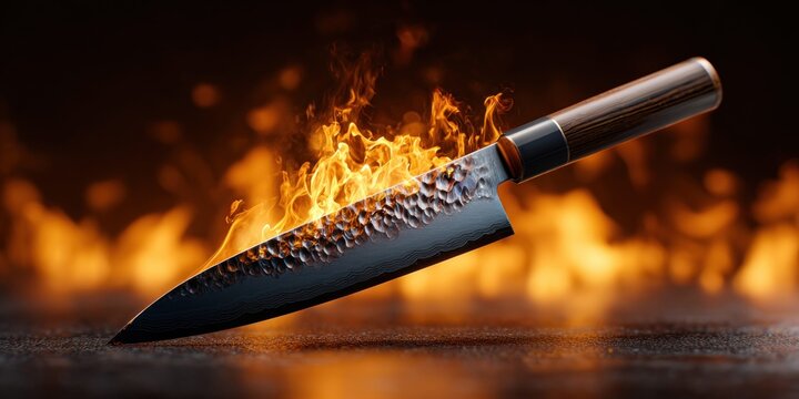 Sharp Japanese kitchen knife with dramatic flames and a textured blade