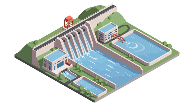 Isometric illustration of a hydroelectric dam and water treatment facility in a graphic design