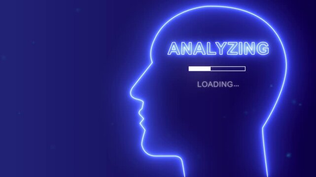 Analyzing mind concept with neon human head silhouette, Data intelligence and digital processing background.