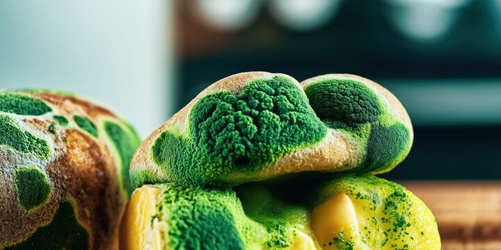 Close-up of spoiled food with green mold and fuzzy texture