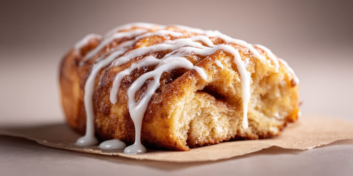 Cinnamon roll sweet pastry icing dessert closeup macro baked golden brown soft texture indulgent treat. delicious cinnamon roll with glossy icing drizzled top showcasing soft golden brown texture