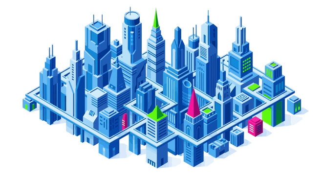 Isometric metropolis illustration depicting an intricate array of modern urban architecture