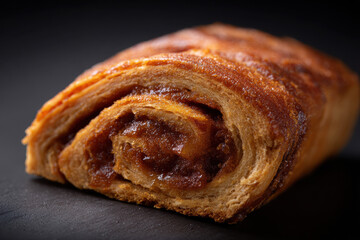 Obraz premium Caramelized cinnamon pastry sweet roll flaky texture golden brown crust close up macro shot dessert baked good breakfast treat indulgent snack delicious aroma inviting appearance