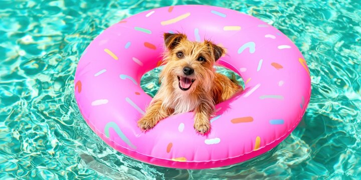 Joyful small dog with happy expression lounging on a pink donut float in pool