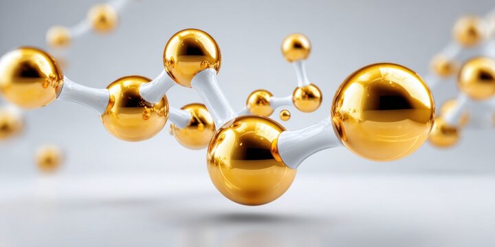 Abstract golden molecular structure with glossy spheres and white connecting bonds