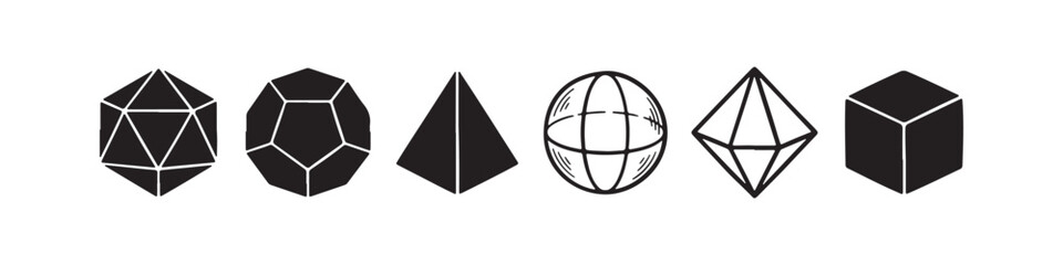 Fototapeta premium Vector icons of various 3D geometric shapes in a minimalist thin line style, including a sphere, cube, icosahedron, tetrahedron, octahedron, and a diamond.