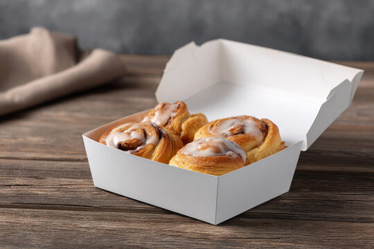 Freshly baked cinnamon rolls with sweet icing in white paper box on rustic wooden table, cozy and inviting bakery treat for breakfast or snack