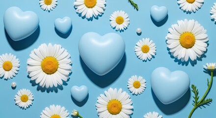 Obraz premium Blue hearts and white daisy flowers on blue background