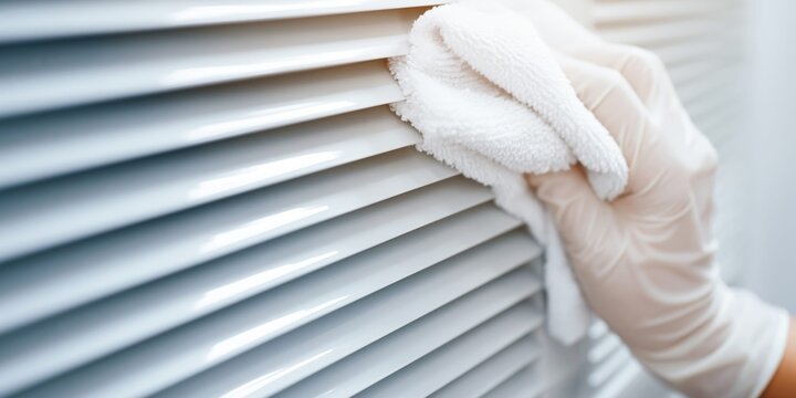Close-up of a gloved hand cleaning white horizontal blinds with a microfiber cloth