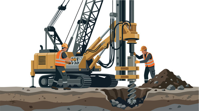 Construction Site Workers Operating Pile Drilling Rig Machinery for Foundation Work a Detailed Vector Illustration
