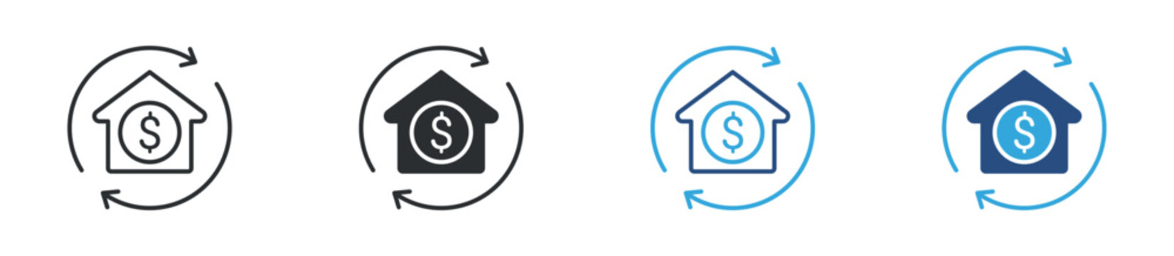Home refinance icon set. Mortgage renewal and investment symbol. Real estate finance icons, vector illustration.