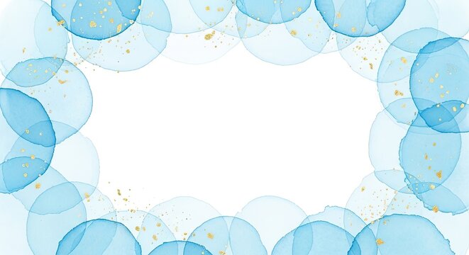 Blue watercolor circle frame with gold glitter on white background
