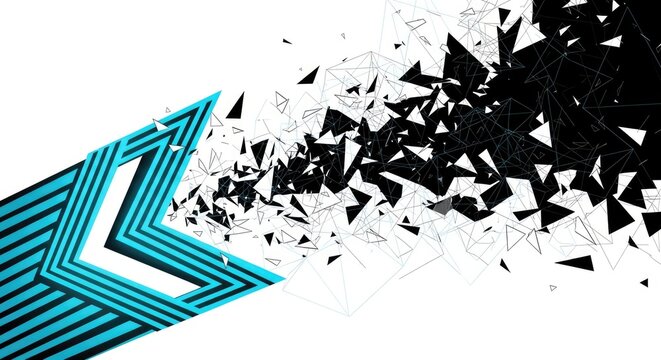 Blue striped chevron exploding into black and white polygonal shards
