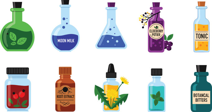 Herbal and Botanical Drink Vector Set Featuring Tonic, Extracts, Elixirs, and Herbal Remedy Bottles for Wellness and Natural Beverage Illustrations
