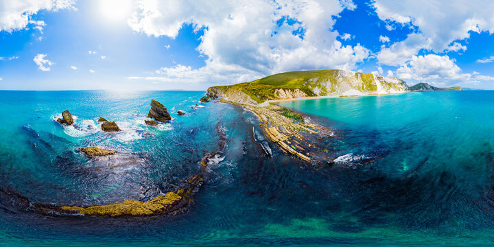 Aerial 360 VR photomosaic of Rocky Jurassic coast and white cliffs in Dorset, UK