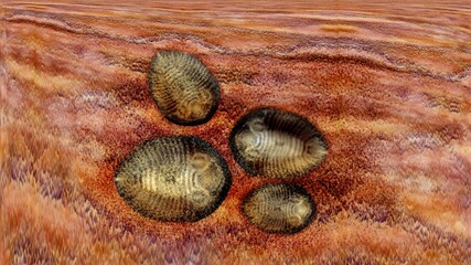 Abstract art of trilobite fossils embedded in ancient sandstone matrix. © DECHA