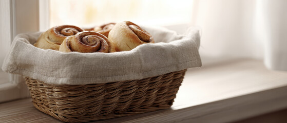 Fototapeta premium Freshly baked cinnamon roll pastry in woven basket lined with linen cloth, placed on windowsill with soft natural light, creating cozy and inviting atmosphere