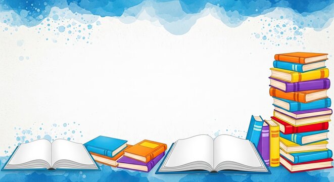 Colorful cartoon books stack and open pages with watercolor frame