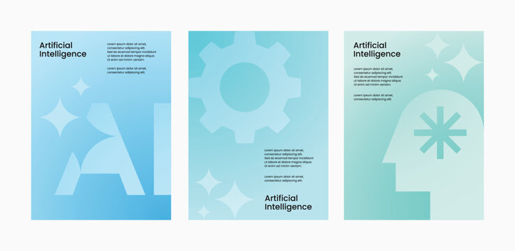 Abstract minimal AI technology business poster template vector set. Business light gradient poster design set. Colorful Technology Background.