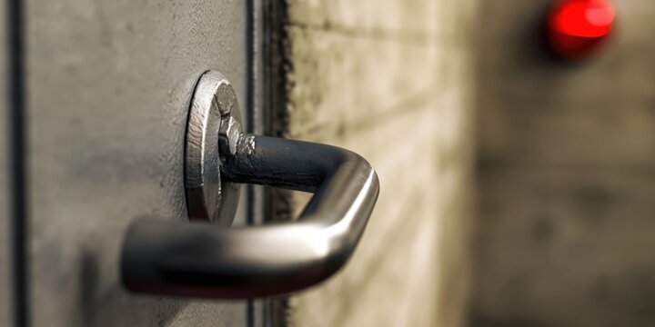 Close-up of a heavy steel door handle on a concrete wall with a red light