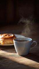 Fototapeta premium Steaming coffee cup cinnamon roll wooden table morning sunlight cozy atmosphere breakfast warm beverage sweet pastry rustic style relaxation. comforting scene with inviting aroma