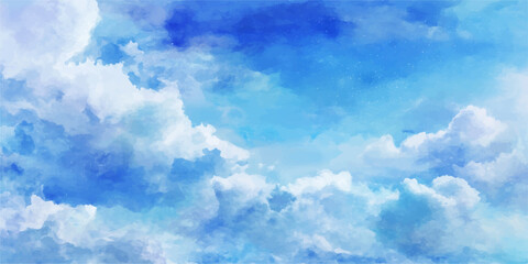 Beautiful fluffy white clouds drift across a bright blue summer sky in this clear sunny nature landscape © dark chocolate