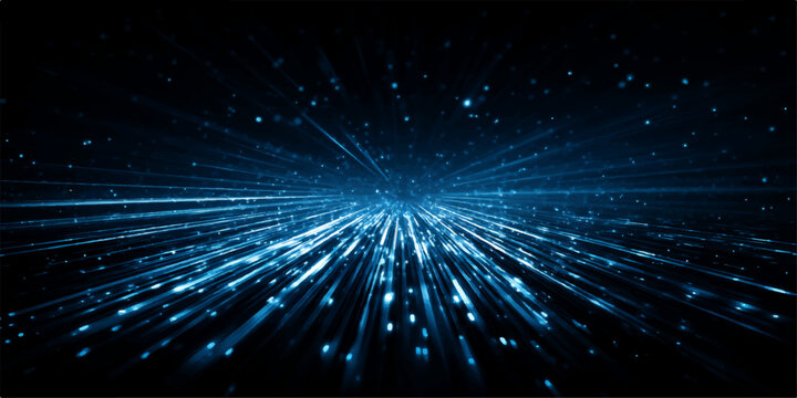 Glowing abstract blue background with bright laser rays and shiny stars bursting through a disco energy design in the deep cosmos night space