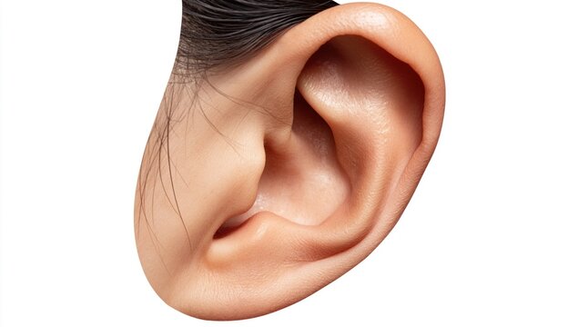 Close-up of a Japanese woman's ear, isolated on a clean white background