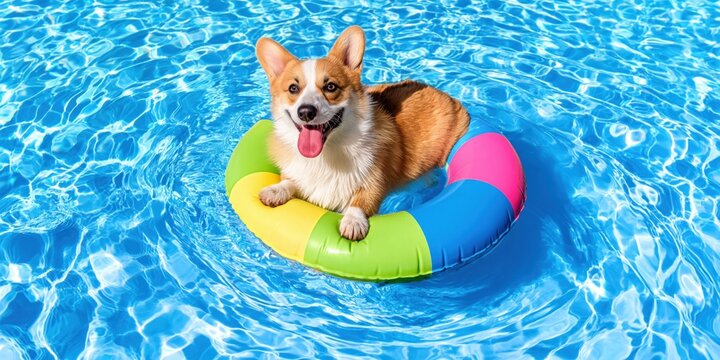 Happy corgi dog floats in a colorful inflatable ring in a sparkling blue swimming pool
