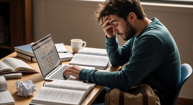 Stressed young male student studying with laptop at desk. Tired man holding head while preparing for exams with books and coffee