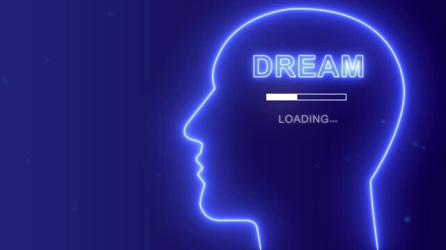 Dream loading concept with neon human head silhouette, Aspirational mindset and goal progress background.