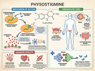 Obraz premium Physostigmine: Mechanism of Action and Therapeutic Uses illustrating its role as an acetylcholinesterase inhibitor, its effects on the eye, bladder, and gut, and its adverse effects.