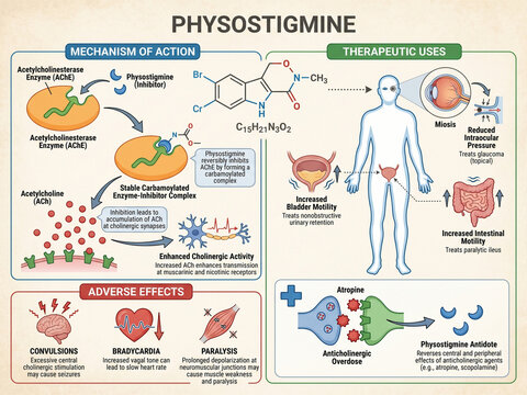 Physostigmine: Mechanism of Action and Therapeutic Uses illustrating its role as an acetylcholinesterase inhibitor, its effects on the eye, bladder, and gut, and its adverse effects.