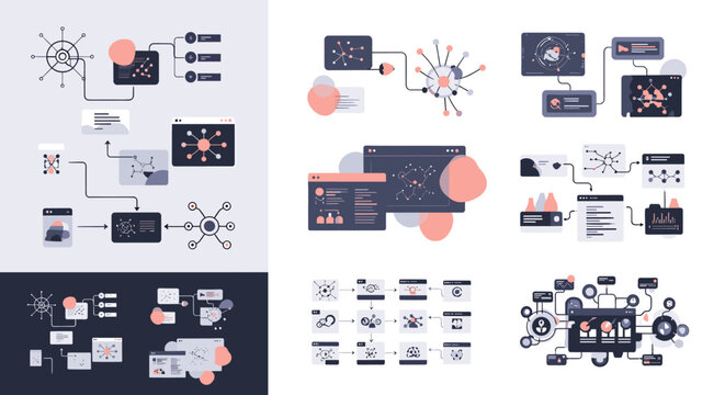 Abstract graphic showcasing data processing and connection. Suitable for illustrating complex systems, tech solutions, or promoting innovation in mark