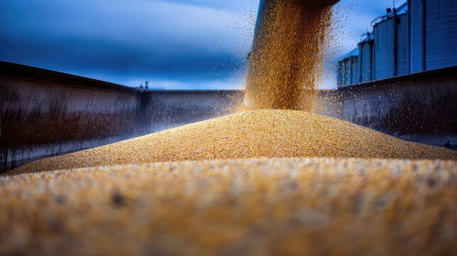 Golden grain pouring from a chute, creating a large pile inside a truck bed with storage silos visible in the background, signifying modern agricultural harvesting and food production processes