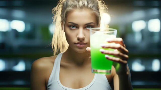 A young woman with blue eyes and blond hair is sitting at the bar, sipping on a refreshing beverage. She wears a casual tank top. The background features dimly lit bar stools and a neon sign.