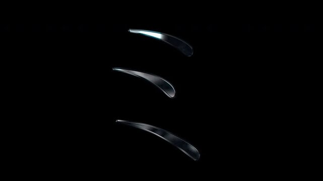 Silver metallic Japanese Katakana "ミ". Alpha channel. Serif font. Seamless loop video
