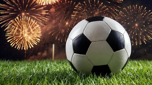 Classic Soccer Ball on Green Grass with Bright Explosive Fireworks Celebrating Final Match Triumph and Sporting Excellence