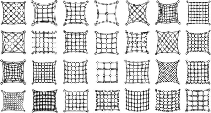 Collection of diverse rope net patterns and grid designs, featuring square and rectangular shapes with various mesh structures for safety, playgrounds, or abstract backgrounds.