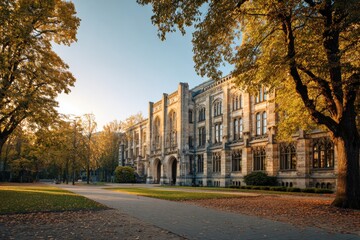Naklejka premium University Campus Architecture Shot During Autumn With Trees and Pathway at Sunset
