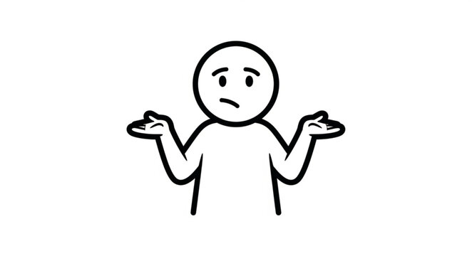 Confused stick figure shrugging shoulders with uncertain expression.