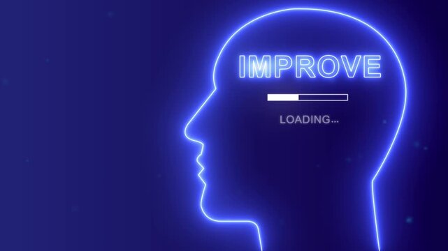 Self improvement loading concept with neon human head silhouette, Personal growth and progress mindset background.