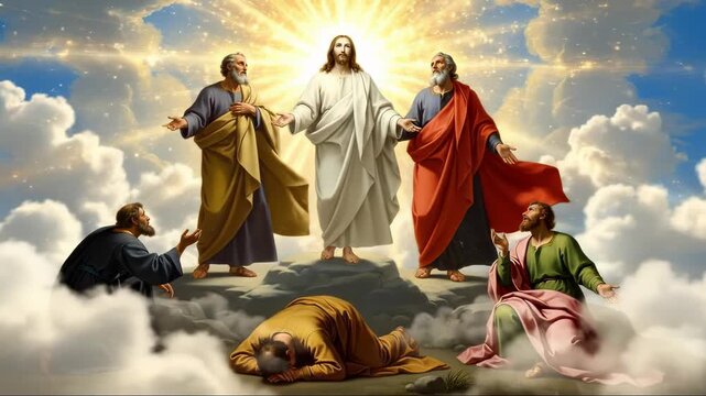 Jesus Christ radiating divine light, transfiguration on a sacred mountain, accompanied by Moses and Elijah, witnessed by Peter, James, and John, a profound spiritual revelation
