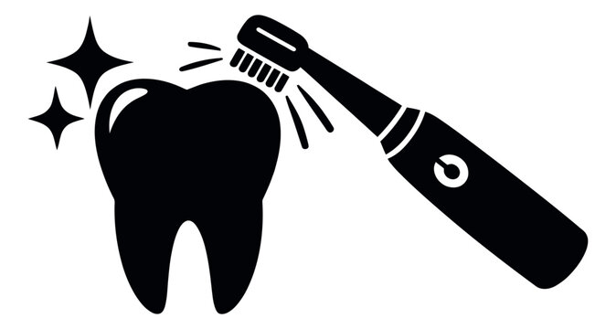Modern graphic illustration of a tooth and electric toothbrush depicting cleaning for dental hygiene