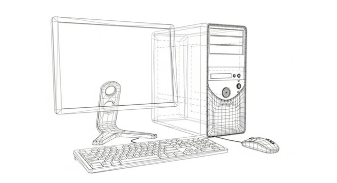 Computer system sketch with monitor keyboard and mouse.